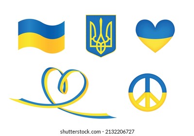 Ukrainian symbols. Coat of arms and flag of Ukraine. Emblem trident. 3d blue-yellow heart. A sign of peace. Curled heart shape ribbon. Vector illustration 