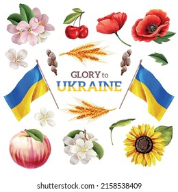 Ukrainian symbols and national attributes isolated on white with slogan