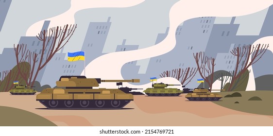 Ukrainian Tanks With Flags Special Battle Transport Military Equipment Heavy Armored Fighting Vehicle Concept