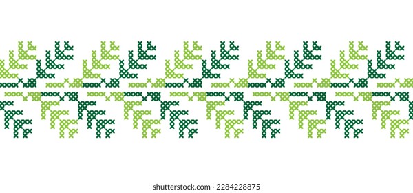 Ukrainian tarditional green leaves pattern. Vector ornament, border, pattern. Folk, ethnic green leaves embroidery. Pixel art, vyshyvanka, cross stitch.