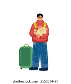 Ukrainian teenage boy with dog running away from Russian aggression. Vector modern illustration with refugee helping animal run from war on white background . Support Ukraine. Stop war. 