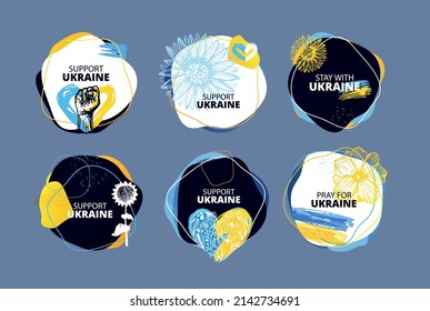 Ukrainian template design set. Support Ukraine! Glory of Ukraine! Ukrainian flag with a Pray for Ukraine concept icon set