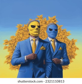 Ukrainisches Thema. Zwei Leute in blauen Anzügen. mit gelb-blauen Masken bedeckte Gesichter