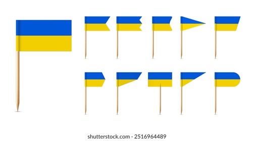 Ukrainian toothpick flags. Wooden toothpicks with paper Ukrainian yellow blue flag. Ukraine support symbol. 3D realistic map pointer. Vector set.