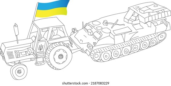Un tractor ucraniano arrastra un tanque de trofeos de los ocupantes
