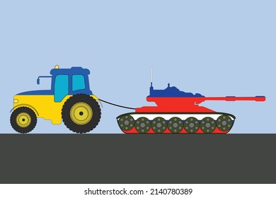 Ukrainian tractor tows away a Russian tank vector illustration