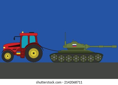 Ukrainian tractor tows away a Russian tank vector illustration