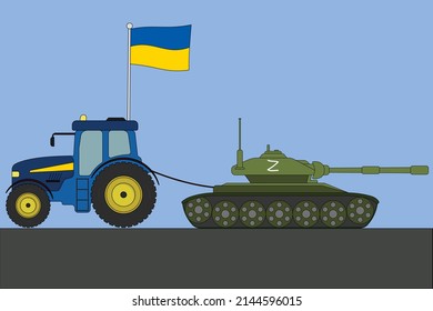 Ukrainian tractor tows away a tank with a tank with a Z symbol vector illustration