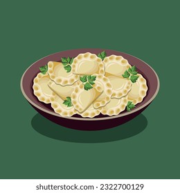 Ukrainian tradishional dish varenyky. Dumplings, varenyky, pierogi. Polish cuisine. Ukrainian cuisine. Vector illustration.