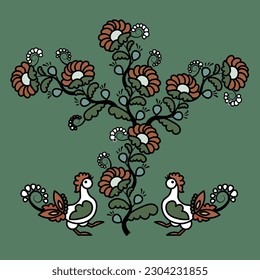 Ukrainian traditional ceramics pattern, dancing roosters and flowers. Vector illustration