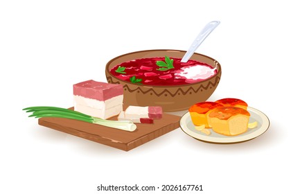 Ukrainian traditional dish, beetroot and cabbage soup with lard slices and bread donuts. Vector fresh spring onion, ethnic dish served on wooden board, dinner idea isolated on white background