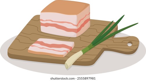 Ukrainian traditional dish salo with spring green onion. Flat illustration with tasty national food salty pork on a wooden board