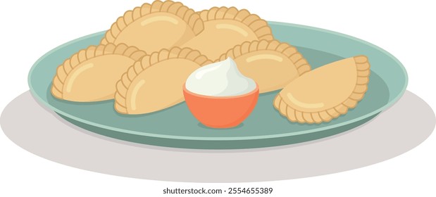 Ukrainian traditional dish varenyky with a sour cream on the plate. Cute flat illustration with tasty national food 