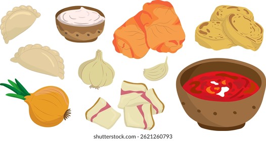 ukrainian traditional dishes vector set borscht, holubtsi, syrniki, varenyky, sour cream, salo, national cuisine food elements isolated on white