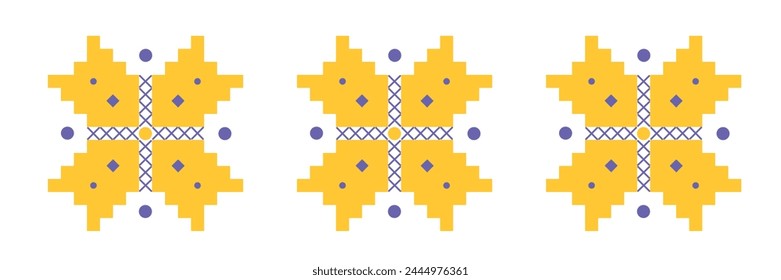 Ukrainian traditional embroidery in blue and yellow colors, folk ornament, three flowers