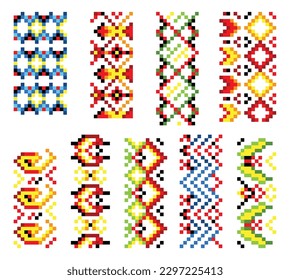 Ukrainische traditionelle Stickerei. Eine Reihe von Mustern für Kreuzstickerdekoration. Kreuzstich traditionelles Volk. Vektorgrafik ethnischer nahtloser geometrischer Zierdesign