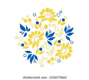 Ukrainian traditional flowers background. Ethnic embroidery decoration ornament. Flower  texture. Ornate folk graphic, wallpaper. Festive floral motif. Color of Ukrainian flag. 