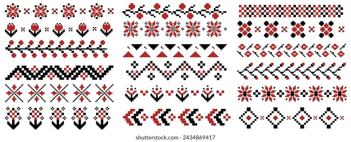 Ukrainian traditional folk embroidery, dividers, borders with cross stitch elements vector illustration. Decorative floral geometric pattern, cultural signs and symbols of Ukraine country collection