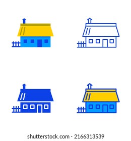 Ukrainian traditional house icon set in flat and line style. Mazanka hut symbol. Village house. Vector illustration.