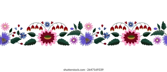 Ukrainian traditional ornament with hand drawn flowers. Floral seamless border, Ukrainian folk pattern, ethnic print, vector illustration.