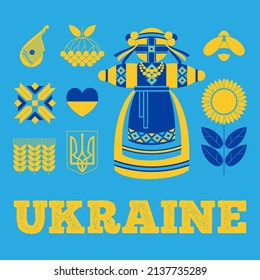 Ukrainian traditional symbols : doll motanka, kobza music instument, embroidery pattern, sunflower, bee, heart, wheat, country emblem in national flag colors. Vector illustration for card, banner.