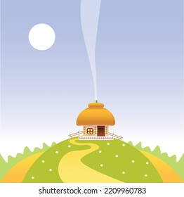 Ukrainian traditional village house on a green hill, clay hut with a straw roof, smocking chimney. Cartoon folk style, children slavic fairy tale book vector illustration.