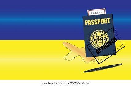 Ukrainian Travel Documentation Concept with blue Passport and Ukraine Flag. Approved Stamp. Airplane and Traveling Tickets. Ideal for Immigration Tourism and Traveling Themes. Vector EPS available