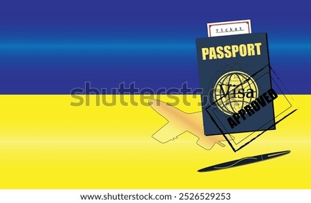 Ukrainian Travel Documentation Concept with blue Passport and Ukraine Flag. Approved Stamp. Airplane and Traveling Tickets. Ideal for Immigration Tourism and Traveling Themes. Vector EPS available