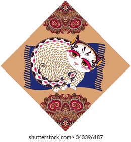 ukrainian tribal ethnic painting, unusual animal cat, folk illustration in rhombus composition, vector illustration