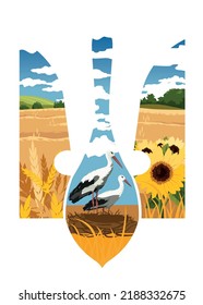 Ukrainian trident with wheat, storks and sunflowers