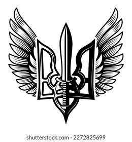 Ukrainian trident with wings. Ukrainian sign. Design for label, badge, emblem, poster card. Vector illustration