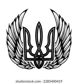 Ukrainischer Trident mit Flügeln. Ukrainisches Zeichen. Design für Etiketten, Abzeichen, Emblem, Plakatkarte. Vektorgrafik