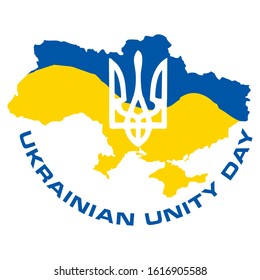 Ukrainian Unity Day greeting card, vector illustration of a map, Trident, Flag.