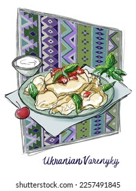 Ukrainian Varenyky dessert illustration. Artistic vector design. Great for cookbooks, menus, food blogs, posters