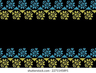 Ukrainian vector background, banner, poster. Banner in yellow and blue Ukrainian flag colors on black background. Pixel art, vyshyvanka, cross stitch.