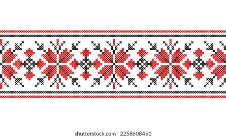 Ukrainische Vektorverzierung, Grenze, Muster. Ukrainische traditionelle geometrische Stickerei. Ornament in roten und schwarzen Farben. Pixelkunst, vyshyvanka, Kreuzstich.