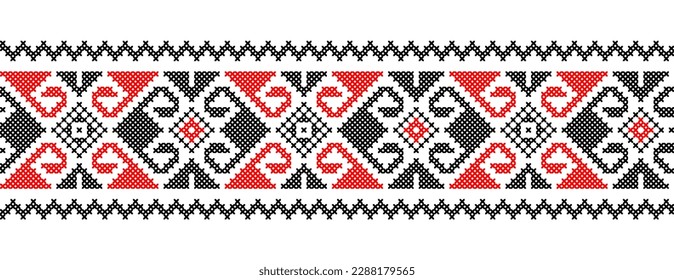 Ukrainian vector ornament, border, pattern. Ukrainian traditional geometric embroidery. Ornament in red and black colors. Pixel art, vyshyvanka, cross stitch.