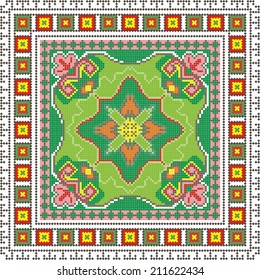 Ukrainian vector ornament with green, red and yellow elements on the white background