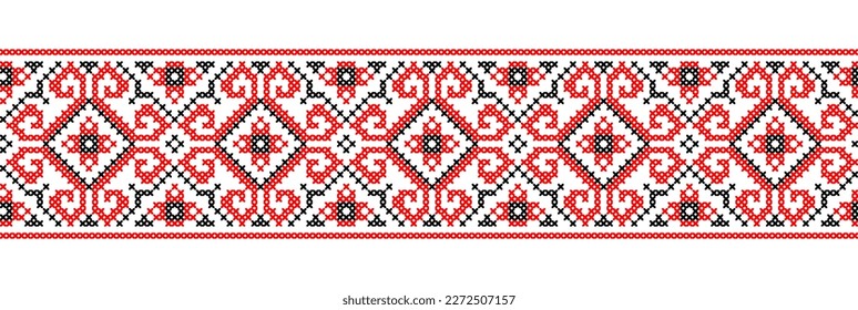 Ornamento vectorial ucraniano, frontera perfecta. Folk ucraniano, bordado geométrico étnico. Ornamento en colores rojo y negro. Arte de píxeles, vyshyvanka, punto de cruz.