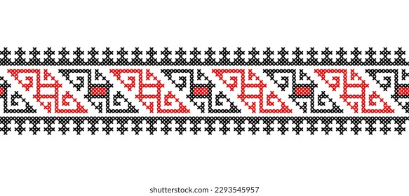 Ukrainian vector ornament, seamless border. Ukrainian folk, ethnic geometric embroidery. Ornament in red and black colors. Pixel art, vyshyvanka, cross stitch.