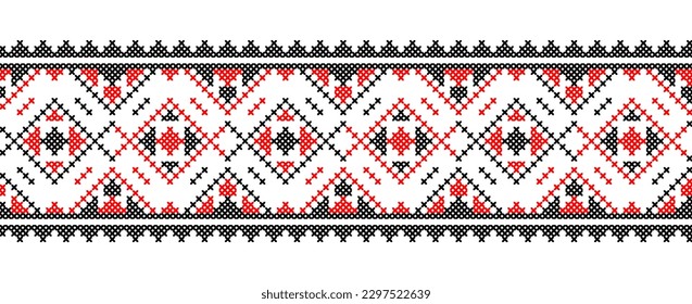 Ukrainian vector ornament, seamless border. Ukrainian folk, ethnic geometric embroidery. Ornament in red and black colors. Pixel art, vyshyvanka, cross stitch.