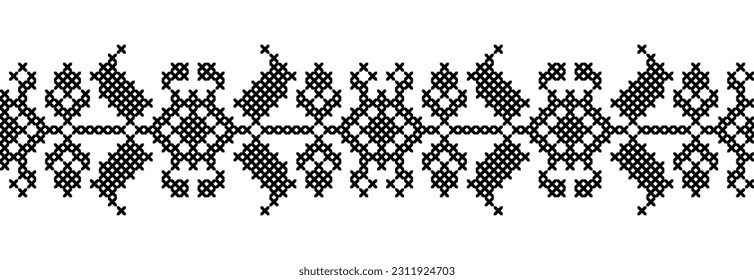 Ukrainian vector ornament, seamless border. Ukrainian folk, ethnic geometric embroidery. Ornament in black color. Pixel art, vyshyvanka, cross stitch.