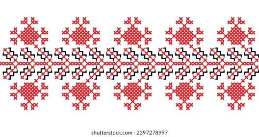 Ukrainian vector ornament, seamless border. Ukrainian folk, ethnic geometric embroidery. Ornament in red and black colors. Pixel art, vyshyvanka, cross stitch.