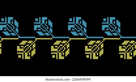 Ukrainian vector seamless border. Traditional folk, ethnic ornament on black background. Decoration in yellow and blue colors for cloth, textile print.