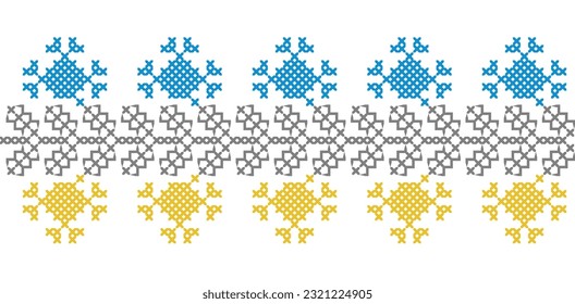 Ukrainian vector seamless decorative border pattern in blue and yellow colors. Pixel art, embroidery, vyshyvanka, cross stitch.