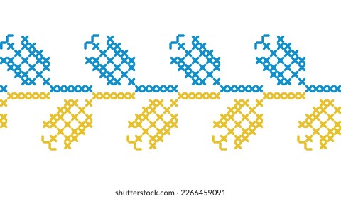 Ukrainische Vektornahtlose Modemuster, Ornament, Grenze. Traditionelles volkstümliches, ethnisches Muster. Die Einrichtung ist in den Farben Gelb und Blau der ukrainischen Fahne gehalten. Pixelkunst, vyshyvanka, Kreuzstich.