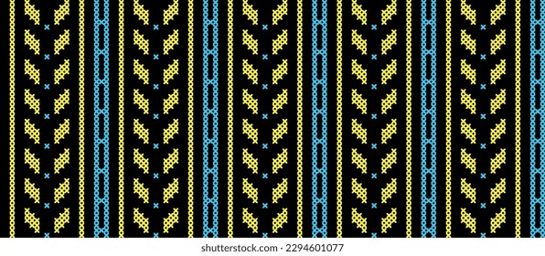 Patrón de moda sin fisuras del vector ucraniano. Decoración en tonos azules y amarillos. Patrón de moda de franjas verticales ucranianas. Arte de píxeles, vyshyvanka, punto de cruz.