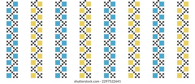 Ukrainian vector seamless fashion pattern. Decoration in blue and yellow color. Ukrainian vertical stripes fashion pattern. Pixel art, vyshyvanka, cross stitch.