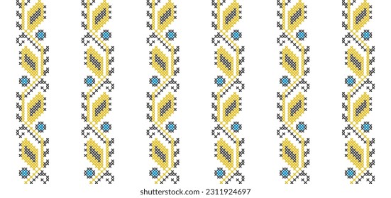 Ukrainian vector seamless fashion pattern. Decoration in blue and yellow color. Ukrainian vertical stripes fashion pattern. Pixel art, vyshyvanka, cross stitch.