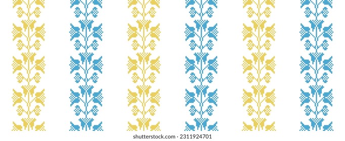 Ukrainian vector seamless fashion pattern. Decoration in blue and yellow color. Ukrainian vertical stripes fashion pattern. Pixel art, vyshyvanka, cross stitch.